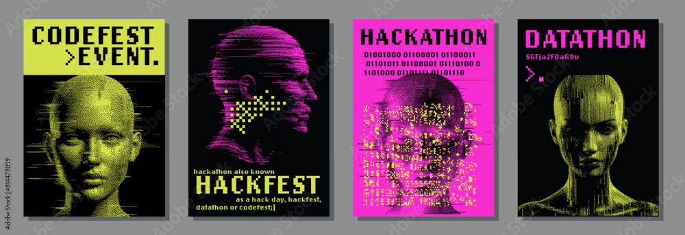 Poster set of futuristic posters with 8-bit pixel art illustrations of glitched human heads. covers for hac