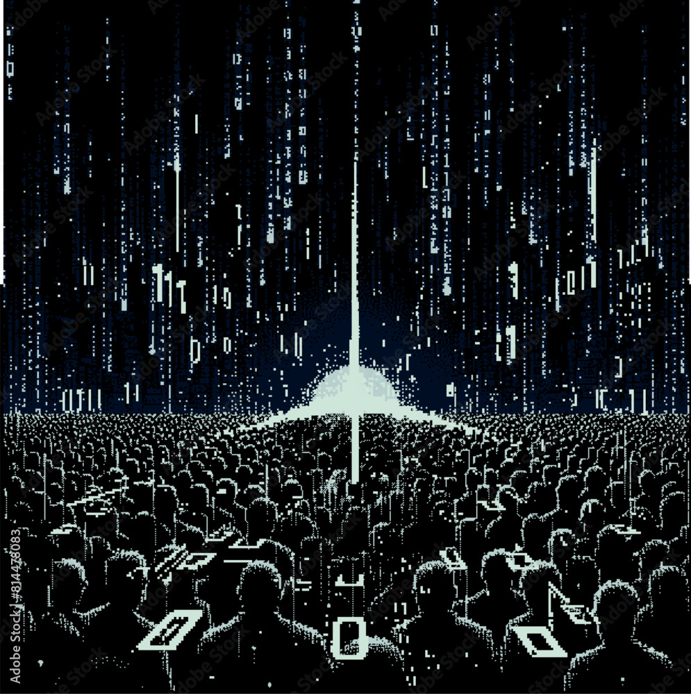 Aufkleber Pixel people figures set in a simulation of virtual reality. An illustration questioning the relations beetween the humankind and VR technologies.