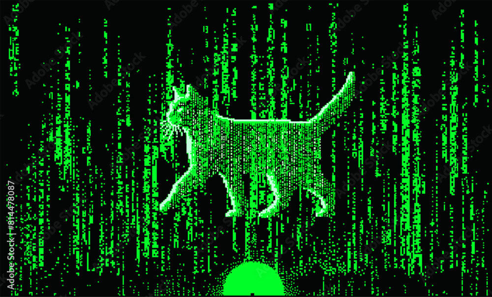 Poster pixel art futuristic style vector illustration of a cat silhoutte moving in and through visual noise