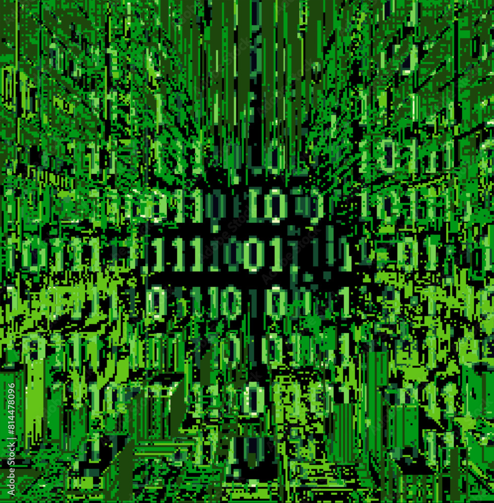 Leinwandbilder Glitched and distorted green background with collapsing binary code. Vector abstract illustration on the theme of technology and science.