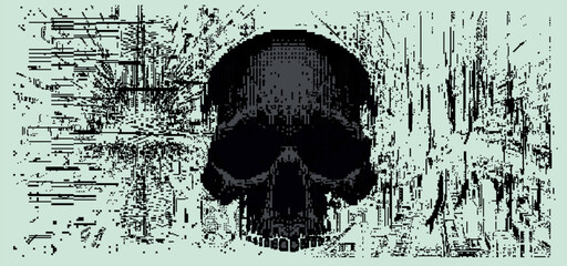 Naklejka premium A black-white pixel vector illustration of a human skull representing a malware.