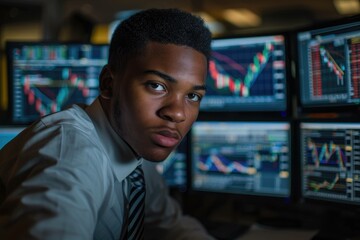 Fototapeta premium A Young African American Businessman Watching Computer Screens of Colorful Financial Information Charts and Graphs