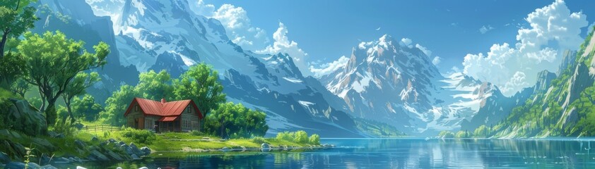 Anime-Style Mountain Cabin by a Serene Lake, Surrounded by Lush Forest and Towering Snow-Capped Mountains