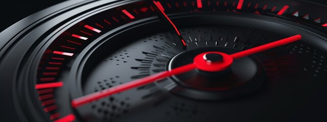 Naklejka premium Successfully zooming in on the speedometer, with a red arrow pointing to three numbers indicating speed. The concept focuses on speed and performance against a dark background.