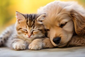 Adorable cat and dog enjoying a peaceful nap at home on a beautifully sunny summer day
