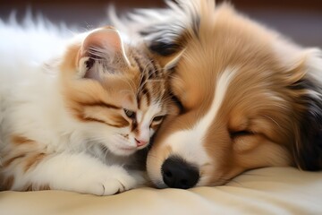 Sweet and adorable cat and dog peacefully sleeping together at home on a bright and sunny summer day

