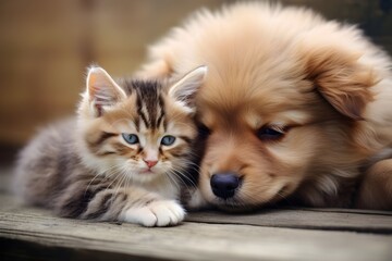 Adorable puppy and kitten lying togetherAI generative
