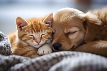 Dog and cat, cute pets sleeping together at home. Generative AI Pro Photo
