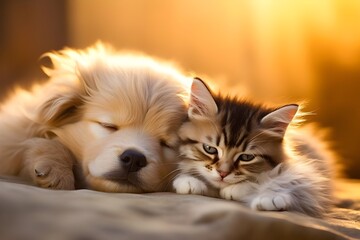 Cute dog and cat sleeping together in a bed

