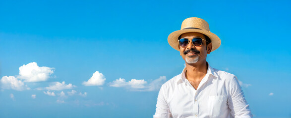 Happy Indian Man Enjoying a Sunny Day Set Against Clear Blue Sky. Travel Concept.
