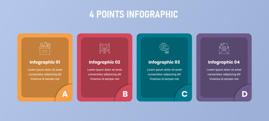 4 point stage or step infographic template with creative box on horizontal direction with shadow and badge on bottom for slide presentation