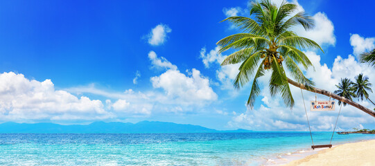 Here is Koh Samui sign and swing on palm tree, paradise tropical island sea sand beach panorama,...