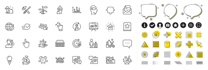 Set of Bribe, Approved mail and Accounting line icons for web app. Design elements, Social media icons. Puzzle, Tea cup, Human resources icons. Checkbox, Card, Touchscreen gesture signs. Vector