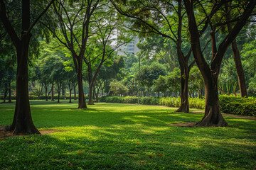 A serene green city park scene, devoid of people The essence of urban green spaces, oases of calm amid bustling city life 
