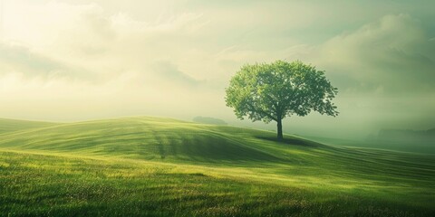 Fototapeta premium A tree stands in a grassy field with a cloudy sky in the background