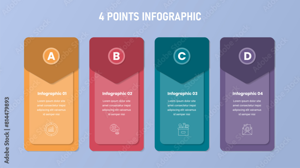 Aufkleber 4 point stage or step infographic template with horizontal direction and vertical standing box and a