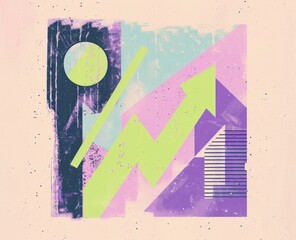 An upward trending graph with arrows in the style of purple and lime green on a pale pink background