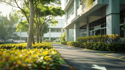 Hospital's frontage with greenery and parking.