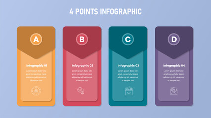 4 point stage or step infographic template with horizontal direction and vertical standing box and arrow badge for slide presentation
