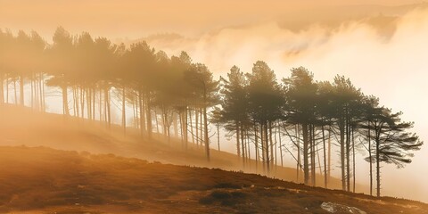 Obraz premium Morning Light Filtering Through Eastern White Pine Forest on Rolling Hills. Concept Nature Photography, Morning Light, Eastern White Pine, Forest, Rolling Hills