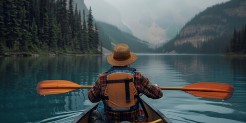 In a serene landscape, a woman kayaks on a peaceful lake in search of adventure.
