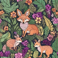 Fototapeta premium a pattern that combines whimsical forest animals like foxes, rabbits, and deer