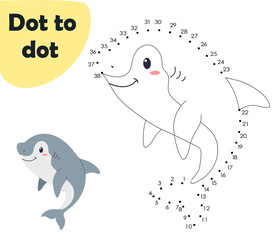 Connect the dots and color, shark isolated on white background. Sea life. Game for children. Vector illustration.