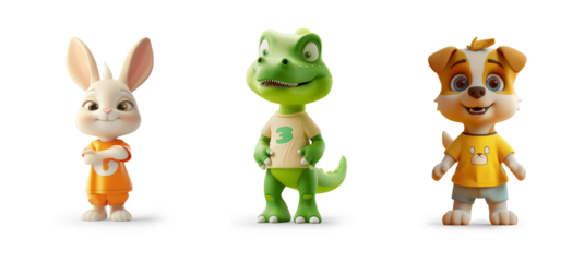 cutout set of cartoon 3d like animal characters happy standing as toys or children movie toon, isolated on transparent png background