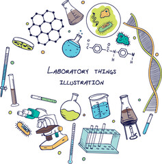 Large set of Chemistry lab and diagrammatic icons showing assorted experiments, glassware and molecules isolated on white for design elements, black and white vector illustration