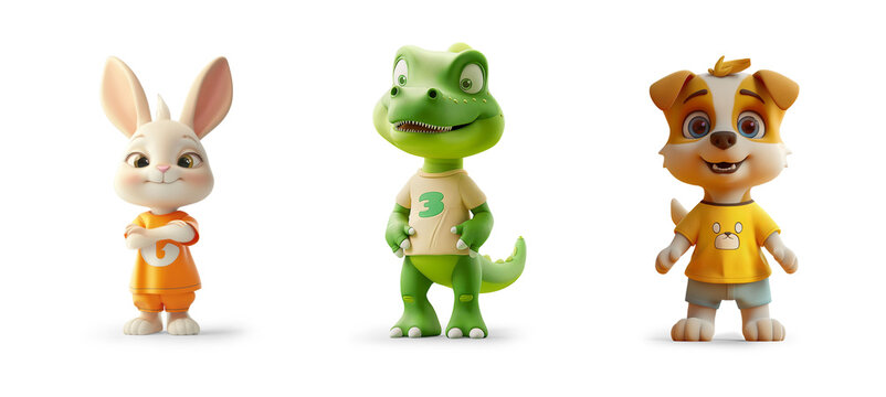 cutout set of cartoon 3d like animal characters happy standing as toys or children movie toon, isolated on transparent png background