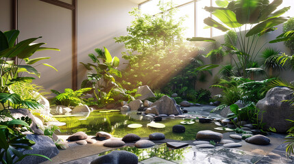 Naklejka premium Serene Oasis: A Zen Garden Retreat in the Heart of Home