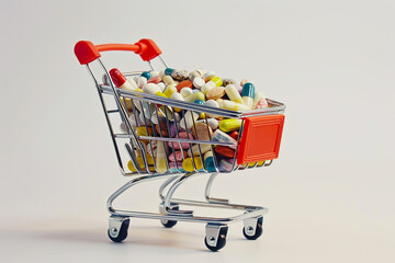 A shopping cart brimming with assorted pharmaceutical pills and capsules, symbolizing the growing trend of purchasing medications through online pharmacies 