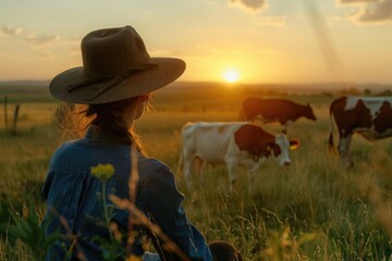 In the evening, a female farmer feeds cows in the field.