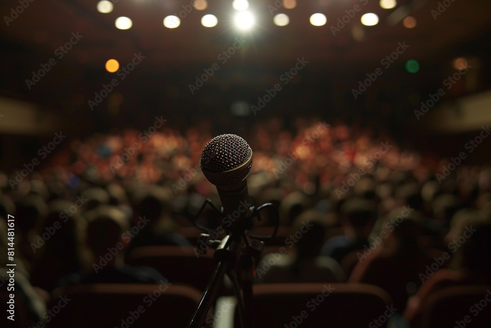 Poster a single microphone on a stand is highlighted by a spotlight against a blurred background of an audi