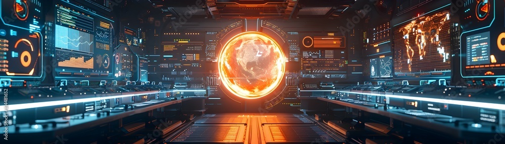 Poster futuristic climate change monitoring and management command center with advanced data visualization 