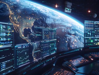 Futuristic Surveillance Command Center Monitoring Global Activities from Space