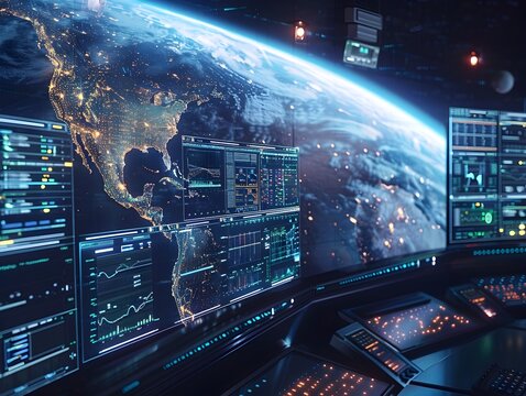Futuristic Surveillance Command Center Monitoring Global Activities from Space