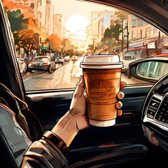 Hand holding Cup of hot coffee Car Window Driving Worker Commute Caffeine Addict Adult Lifestyle Concept sketch Illustration