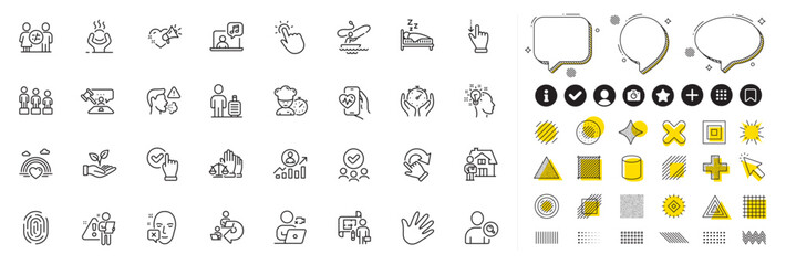 Set of Difficult stress, Timer and Sleep line icons for web app. Design elements, Social media icons. Love message, Video conference, Hand icons. Touchpoint, Helping hand, Face declined signs. Vector