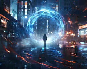 Ethereal Time Travel Portal Swirling with Mysterious Futuristic Energy in a Busy Urban Cityscape