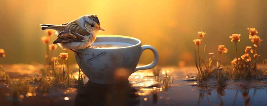 An early bird with Delicate Feathers Perched on Cup Surrounded by Golden Light