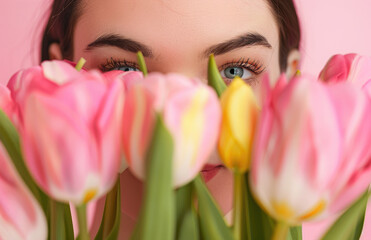 A woman hiding behind tulips with her eyes visible on the right side of the frame, holding pink and yellow flowers in front of her face against a pastel background