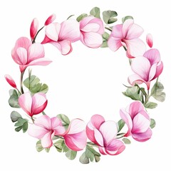 cyclamen themed frame or border for photos and text. delicate pink and white blooms. watercolor illustration, flowers frame, botanical border, pink and white blooms.