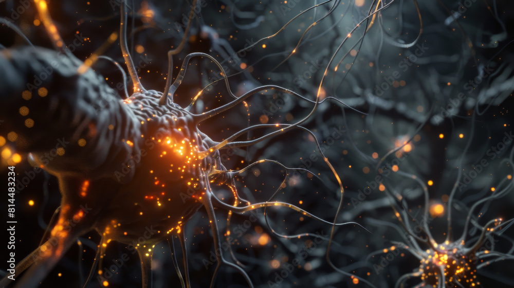 Poster a close up of a brain with many neurons and a lot of glowing lights. concept of complexity and myste