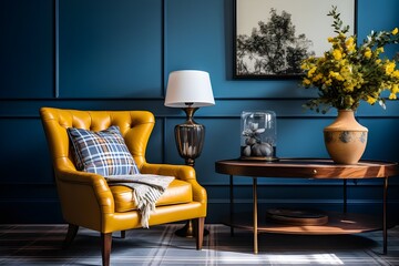 A yellow chair in a dark blue room with a painting of trees on the wall.
