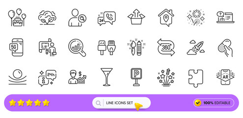 Work home, Seo analysis and Parking line icons for web app. Pack of Capsule pill, Fireworks stars, Find user pictogram icons. Business growth, Startup rocket, Creativity signs. Search bar. Vector