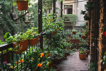 A small, lush balcony garden in a bustling urban cityscape, showcasing a variety of plants and vegetables being cultivated in compact spaces for sustainable living and self-sufficiency 