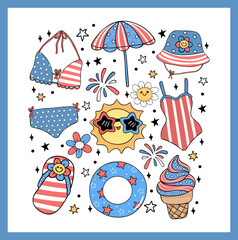 Groovy 4th of July food Retro Cartoon Trendy doodle collection idea for Shirt Sublimation printing