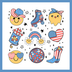 Groovy 4th of July happy smile face emoji Retro Cartoon Trendy doodle collection idea for Shirt Sublimation printing