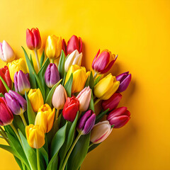 bouquet of multicolored tulips on yellow background